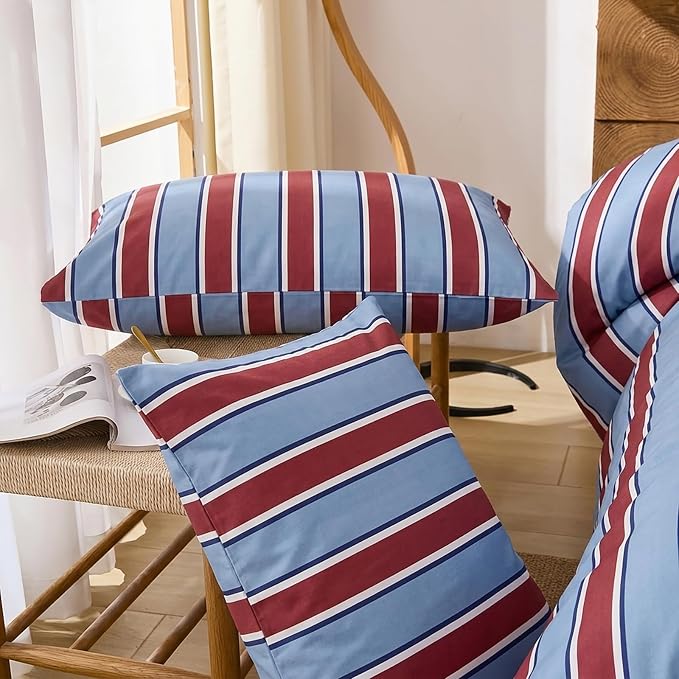 Merryword Burgundy and Blue Striped Duvet Cover Set King Size, 100% Cotton Bedding Set with Zipper Closure & 8 Corner Ties, Awning Stripe Bedding, Soft Breathable Comforter Cover for All Seasons