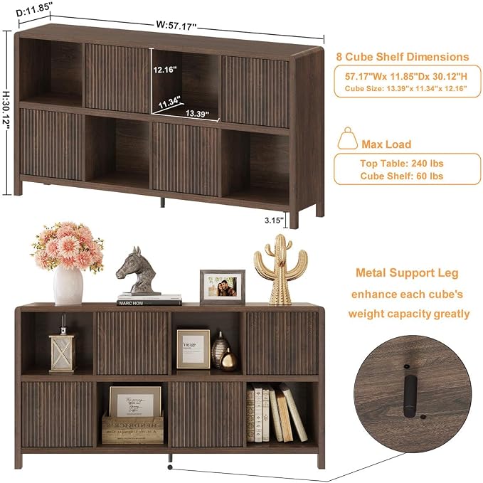 FATORRI 8 Cube Storage Organizer Bookshelf with Storage, Horizontal Bookcase with 4 Doors, Long Wooden Book Shelf for Living Room, Home Office (Dark Walnut)