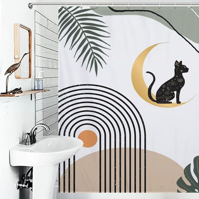 Boho Black Cat Shower Curtain Abstract Mid Century Modern Moon Green Leaf Geometric Mystic Waterproof Shower Curtains for Bathroom Decor 12 Pack Hooks 72x72in (183x183cm)