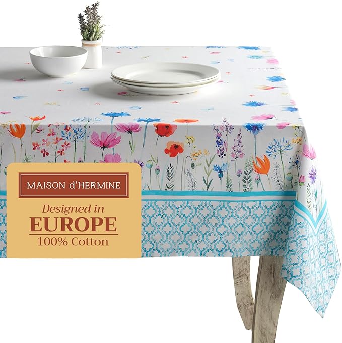 Maison d' Hermine Table Cloth Rectangle Table 100% Cotton 54 x 72 Inches Tablecloth Reusable Decorative for Dining Room Farmhouse Home Valentines Day Decorations Spring Summer - Flower in The Field