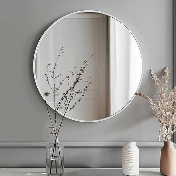 Sunniry White Circle Mirror, Round Mirror 20 inch, White Round Mirrors Matte Metal Frame, Circle Mirrors for Bathroom, Bedroom, Living Room, Hallway.