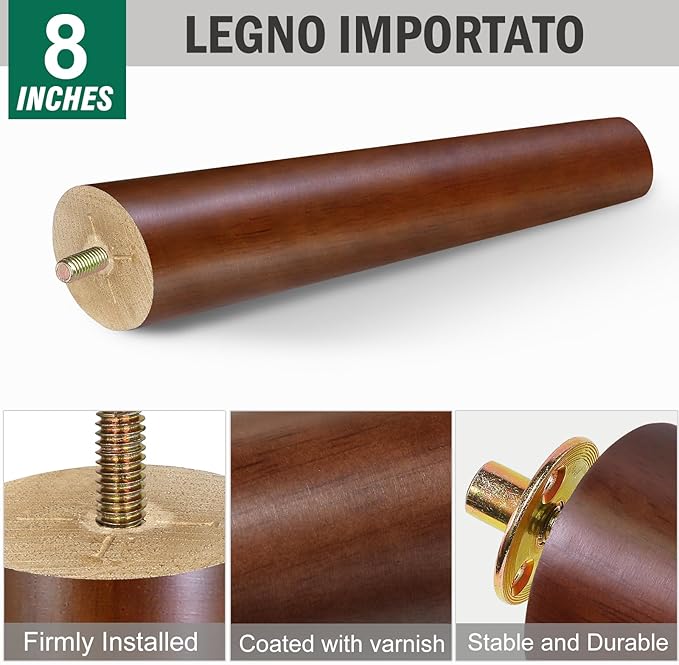 FoDau770 Brown Rubber Wood Furniture Legs 8 Inches, Slant Tapered Wood Feet Mid Century Sofa Legs Set of 4, 5/16" UNC Furniture Feet Replacement Parts for Cabinet Couch Dresser Chair Ottoman Table