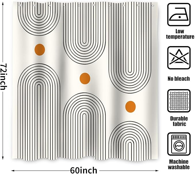 Boho Mid Century Shower Curtain, Modern Abstract Arch Sun Ivory Machine Washable Waterproof Fabric for Bathroom Decor Bathtub with 10 Hooks 60Wx72H