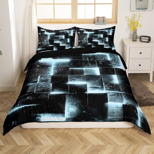Black Greyish White Abstract Comforter Cover Gradient Square Bed Set Grid Twin Duvet Cover Neon Check Bedding Set Twin Glowing Plaid Bedspread Cover Modern Room Decor 2pcs (Black Reversible)