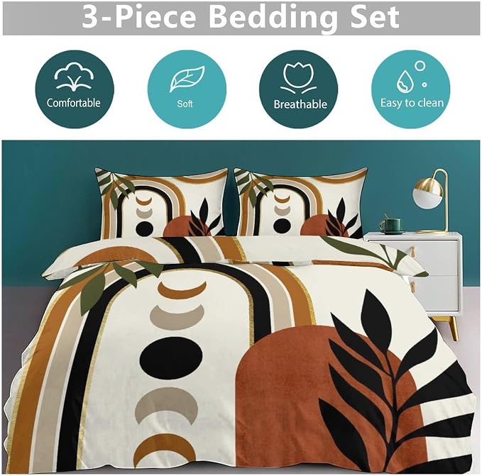 Bohemian Leaf Comforter Set,Mid Century Abstract Tropical Plant Minimalist Modern Geometric Palm Leaf Simple Bedding Duvet Cover Sets with Pillowcase for Bedroom Bed Decor,Queen 90"x90"