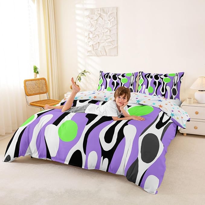 Erosebridal Organic Abstract Duvet Cover Set Modern Contemporary King Bedding Set for Adult Men Boho Mid Century Wavy Lines Comforter Cover Retro Geometric Bed Sets,Purple Green