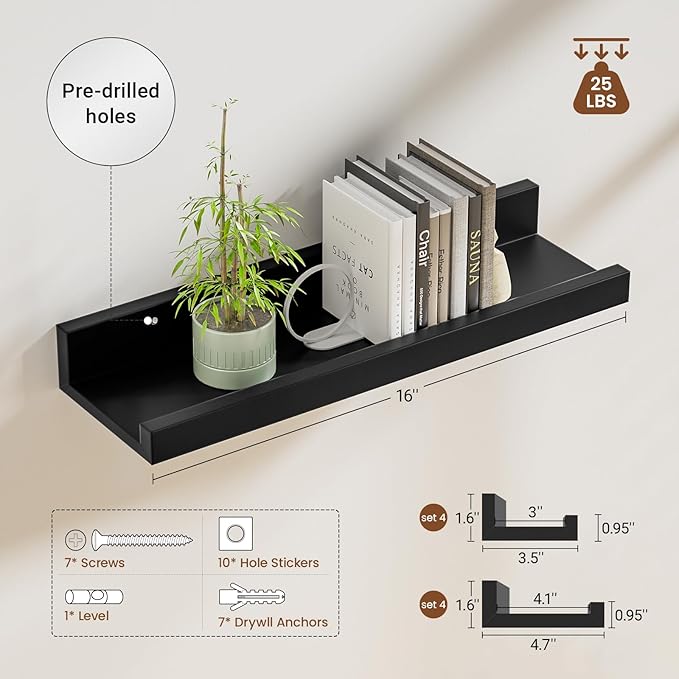 Heimlove 16 Inch Picture Ledge Shelf with Lip Set of 8,Black Floating Shelves for Wall,Wall Shelves in Varying Depths for Living Room Bedroom Bookshelf Photo Frames Nursery Book Shelves for Storage
