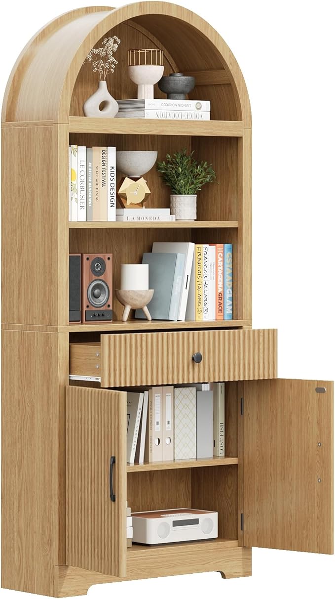 Farmhouse Arched Bookshelf, Mid-Century Modern 5-Tier Curved Cabinet with Door, Wooden Bathroom Storage Cabinet, Kitchen Pantry Cabinet for Living Room, Kitchen，Home Office, Natural
