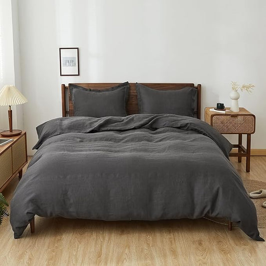 Simple&Opulence 100% Linen Duvet Cover Set, 3 PCS Natural French Flax Dark Grey Duvet Cover King Size, Breathable Soft Comfy Linen Bedding Comforter Cover with 2 Pillowcases(Dark Grey, 104"x92")