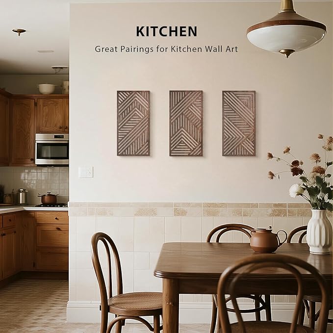 VIYYIEA Boho Solid Wood Carved Wall Art Set of 3, Geometric Minimalist Wooden Home Decor Panels, Handcrafted Solid Wood Wall Hanging for Living Room Bedroom Hallway, 16 x 8 Inch Each (Sunset Brown)