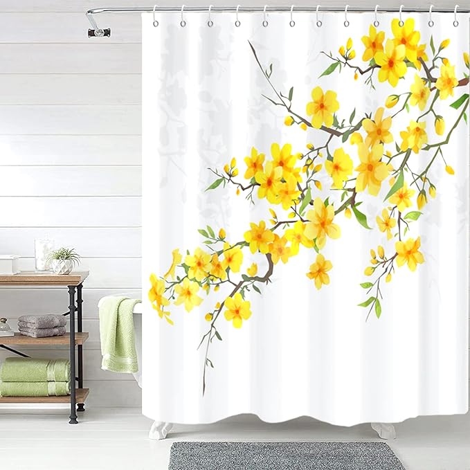 Yellow Floral Shower Curtain, Spring Flower Blossom Plant Botanical Waterproof Machine Washable with Hooks for Bathroom Bathtub 72x72