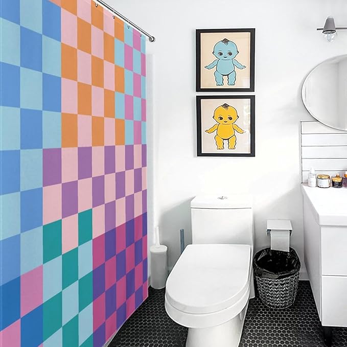 70S Checkered Shower Curtain, Retro Vintage Funky Hippie Aesthetic Groovy Rainbow Modern Checkboard Cute Colorful Purple Waterproof Fabric Bathroom Shower Curtain Set with Hooks, 72"x84" Inch