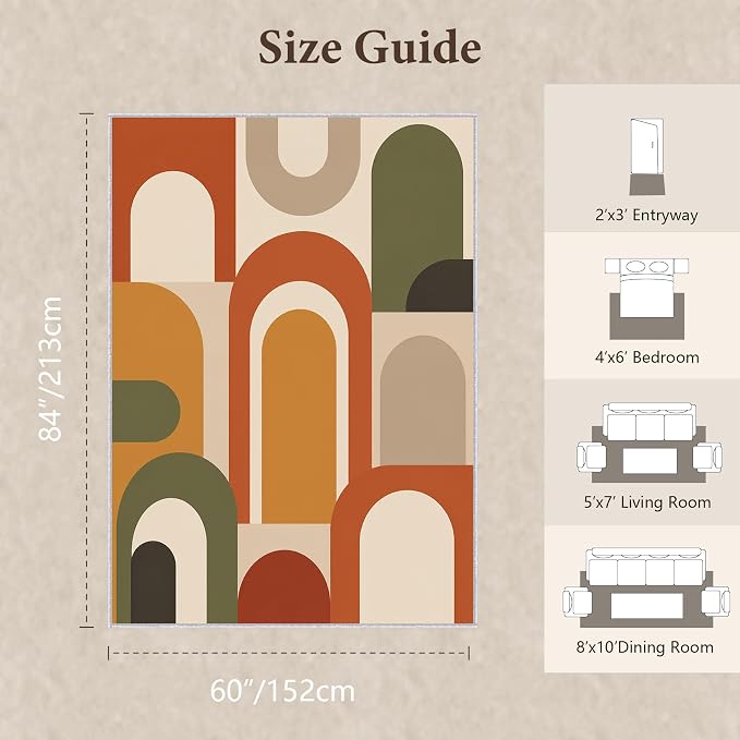 Mid Century Arch Area Rug 5x7, Terracotta Geometric Abstract Rug, Retro Modern Color Block Washable Low Pile Non Slip Rug for Living Room Bedroom