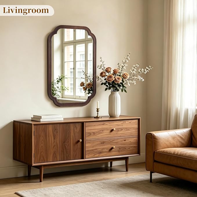 HOMECOOKIN Wood Bathroom Mirror for Wall Decor Arched Rounded Corner Rustic Wood Frame Wall Mirror Home Decorative for Vanity, Living Room, Bedroom, Entryway (20 x 30 inch, Walnut)