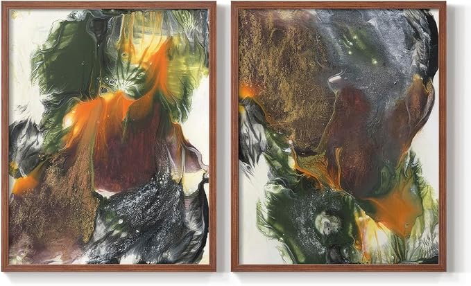 Renditions Gallery Set of 2 Peel & Stick Framed Prints, Watercolor Abstract Wall Art, Colorful Fluid Design Wall Decor, Re-Stickable - Ready to Hang - 16"x20" - Walnut Frame LT588