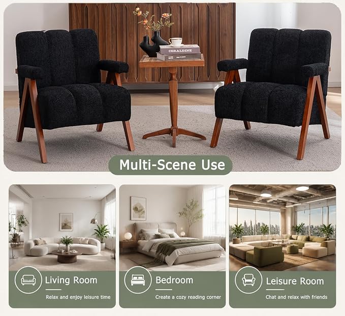 Mid Century Modern Accent Chair with Solid Oak Wood Frame, Upholstered Chenille Lounge Chair with Ergonomic Backrest and Thick Cushion for Living Room Bedroom Balcony, Set of 2, Black