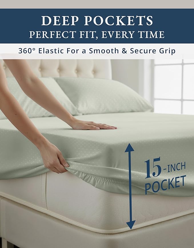 100% Egyptian Cotton Sheet Set Queen Size – Silky Sateen Weave Queen Sheet Set for Winter Sleep Comfort, 15" Snug Fit Deep Pocket, Breathable Hotel-Quality Soft Luxury You Can Feel - Swiss Dot Mineral