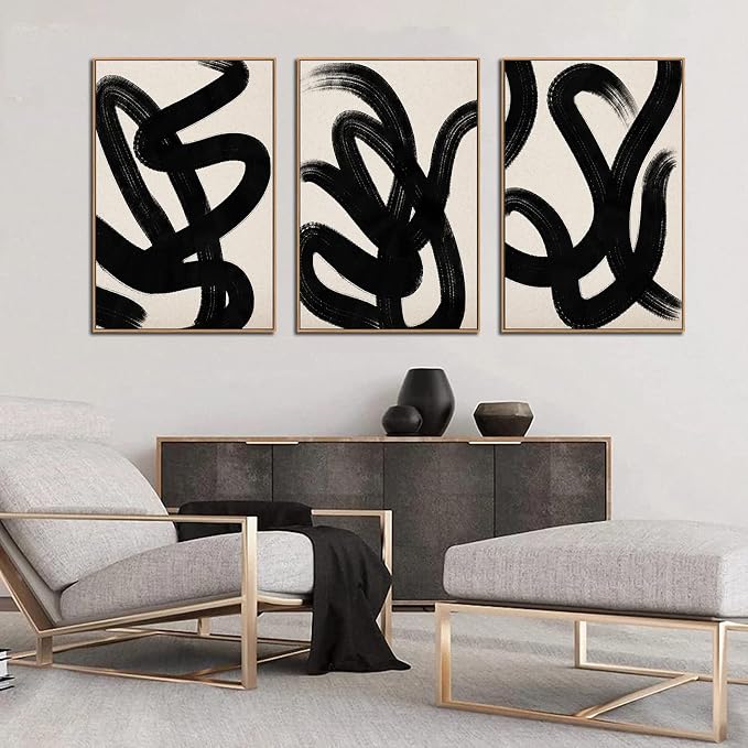 arteWOODS Framed Wall Art Canvas Set Abstract Lines Pictures Modern Mid Century Boho Wall Decor Minimalist Abstract Black Stroke Painting Artwork Living Room Bedroom Home Office 32" x 48" *3 Natural