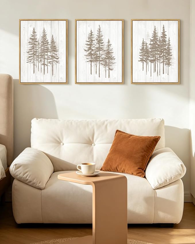 KUVIOKE Foggy Misty Pine Tree Framed Wall Art Watercolor Nature Abstract Forests Wall Decor Rustic Minimalist Painting for Bedroom Dining Room 12x16in (Natural Framed)