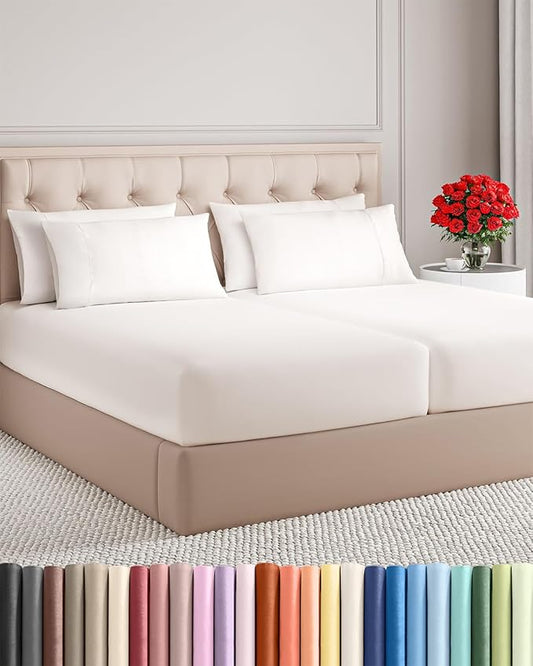 Split King 7 Piece Sheet Set - Comfy Breathable & Cooling - Soft Hotel Luxury Bedding Set w/ 8-16 Inch Deep Pockets - 1 Flat & 2 Fitted Sheet & 4 Pillowcases - Wrinkle Free & Easy Care - Antique White