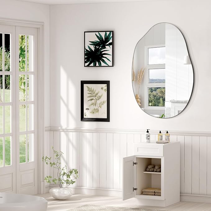 Bathroom Wall Mirror Wood Framed Modern Decorative Irregular Asymmetrical Mirrors for Bedroom Living Room Entryway Dressing Table Wall Decoration Room Decor 26" L x 18" W