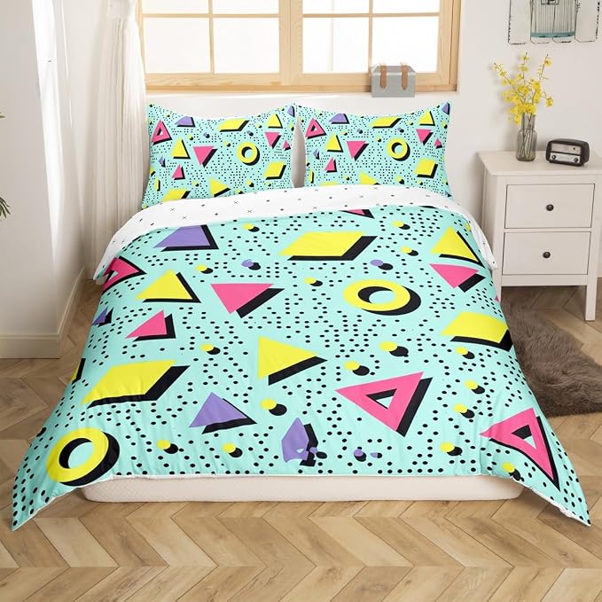 80s 90S Fashion Style Bedding Set Queen Size,Retro Memphis Style Pattern with Geometrical Shapes Duvet Cover for Kids Child,Funky Hipster Old Fashioned Comforter Cover Geometric Bedroom Decor