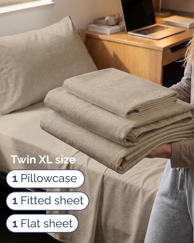 Twin XL Size 3 Piece Sheet Set - Comfy Breathable & Cooling Sheets - Hotel Luxury Bed Sheets for Women & Men - Deep Pockets, Easy-Fit, Soft & Wrinkle Free Sheets - Heathered Beige Oeko-Tex Bed Sheets