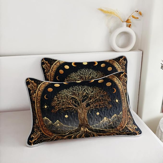 AILONEN Bohemian Tree of Life Queen Quilted Comforter Set 3 Piece, Dark Blue Celestial Bedspread Coverlet with 2 Pillowcases, Spiritual Night Sky Bedding for Master Bedroom