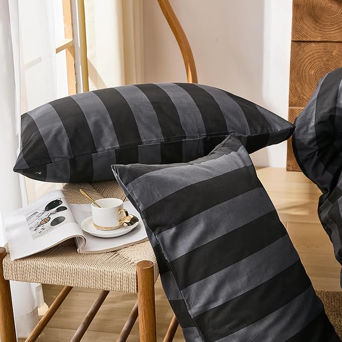 Merryword Black and Gray Striped Duvet Cover Set King Size - 100% Cotton Bedding Set with Zipper & Corner Ties, 3-Piece Luxury Linen Like Bedding Set for All Seasons