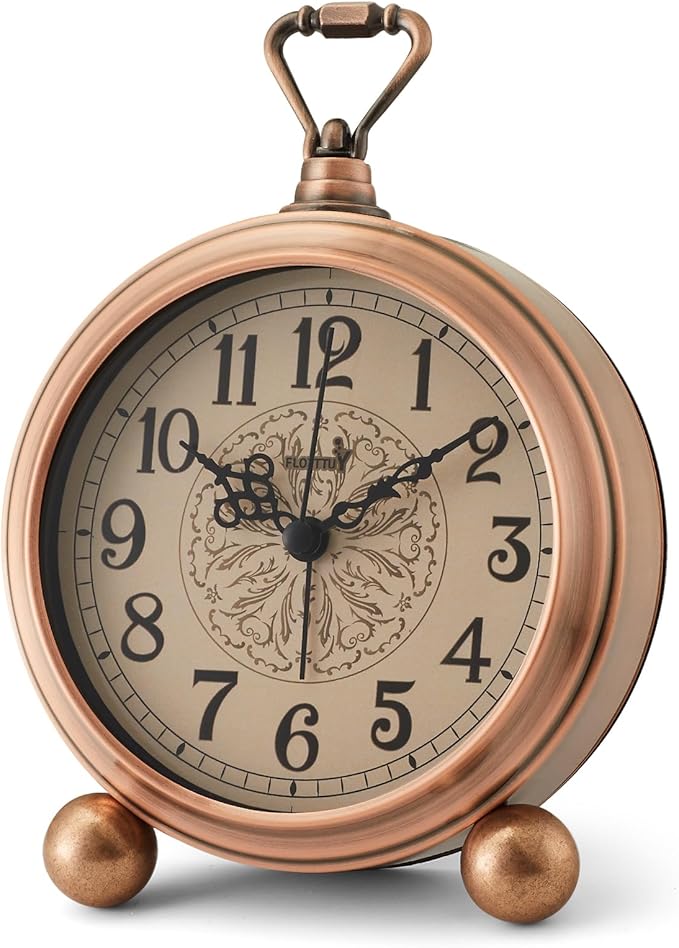 FLOITTUY 4.5" Battery Operated Antique Retro Analog Metal Alarm Clock, Silent Bedside Desk Clock, Wall-Hanging Vintage Clock(Vintage Bronze)