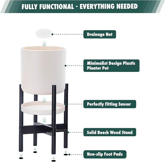 D'vine Dev Planter Pot with Stand - 10 Inch Plastic Cylinder Flower Pot with Wood Planter Holder for Indoor, Oatmeal Pot + Ebony Stand, 55-C-N-4