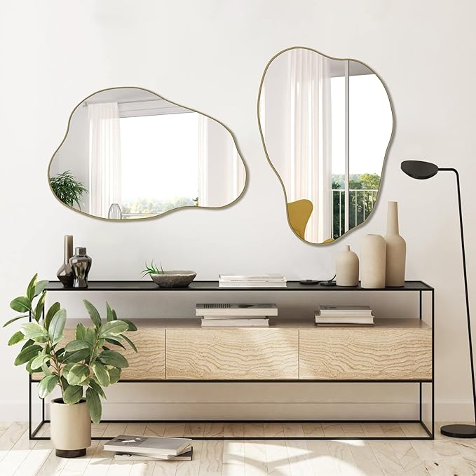 POZINO Gold Irregular Mirror, 30"x20.5" Cloud Shaped Mirrors, Asymmetrical Wall Mirror, Modern Abstract Frameless Mirrors for Living Room Bathroom Bedroom Entryway