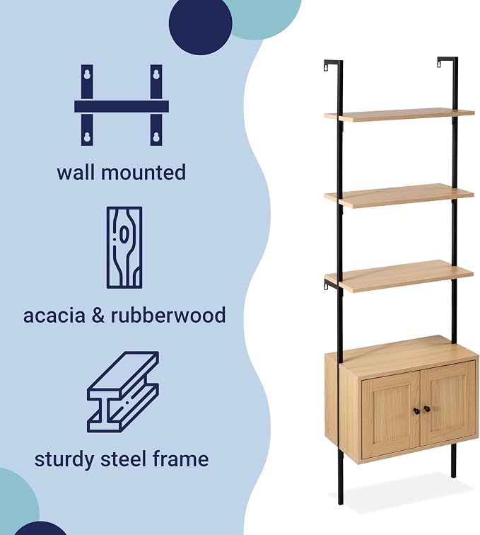 happimess MSH1002B Tulare 72.05" MidCentury Industrial 4-Shelf Wood Wall-Mounted Open Ladder Bookcase with Cabinet and Metal Frame, Light Oak/Black