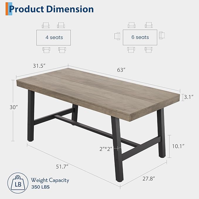 GarveeHome Industrial Dining Table for 4-6 People, 63" Long Wooden Kitchen Table with Sturdy Metal Frame & Grey Finish - Seats 4 Rectangular Counter for Dinner, Kitchen, Dining Room - Grey
