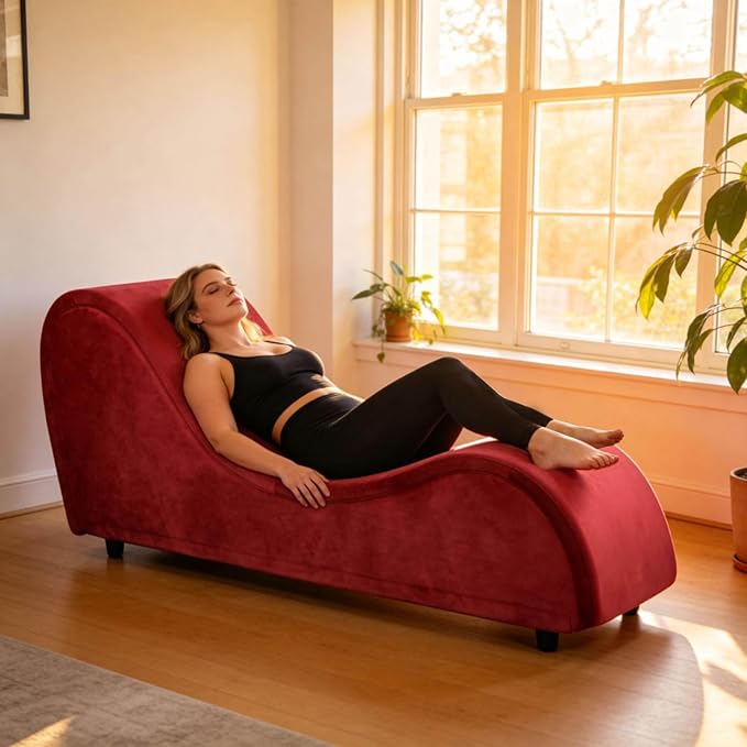 Red Ergonomic Curved Chaise Lounge Chair for Relaxing, Sofa Bench with Heavy-Duty Metal Frame & Removable Velvet Cover