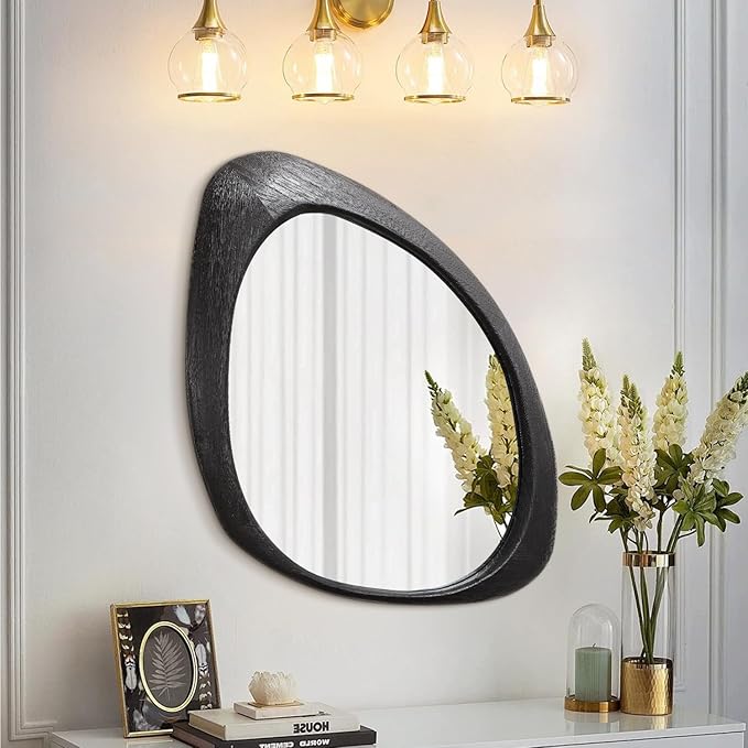 AAZZKANG Irregular Mirror Black Asymmetrical Wall Mounted Mirrors Large Modern Wood Frame Wall Mirror for Bathroom Bedroom Living Room Entryway 24"x16"