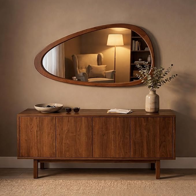 Irregular Asymmetrical Wall Mirror 48"×24" with Solid Wood Frame, Sculptural Mid-Century Modern Decorative Full-Length Wall Mirror for Living Room, Entryway & Bedroom