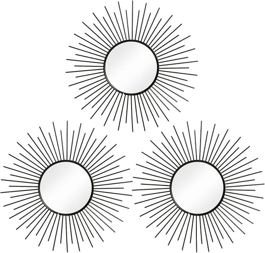 3 Pack Metal Mirrors for Wall Sunburst Wall Mirrors Home Décor Decorative Hanging Wall Art for Living Room Bedroom Entryway (Black2, Sunburst)