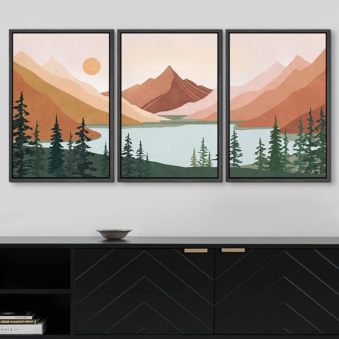 wall26 Framed Canvas Print Wall Art Set Geometric Mountain Forest Lake Abstract Nature Illustrations Modern Art Nordic Decorative Minimal Boho for Living Room, Bedroom, Office - 24"x36"x3 Black
