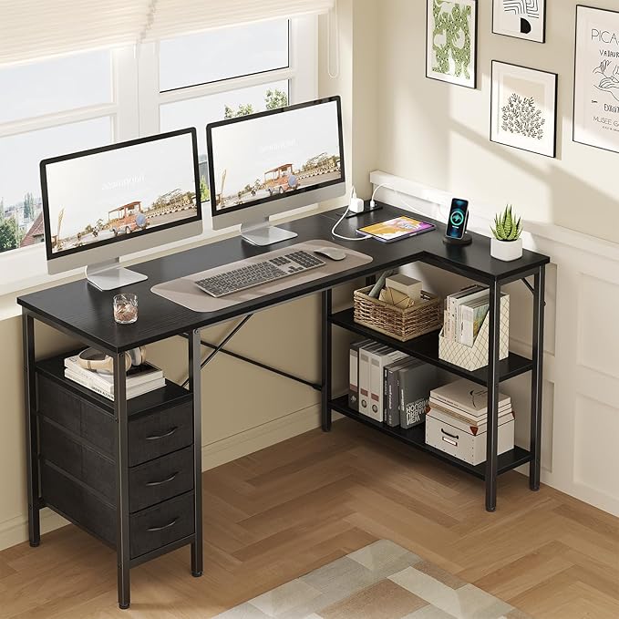 DUMOS L Shaped Desk with Shelf Drawers 55 Inch, Black Corner Computer Desks Gaming with Power Outlet, Study Table with Adjustable Shelves, Home Office Tables for Bedroom Teacher Reading Writing