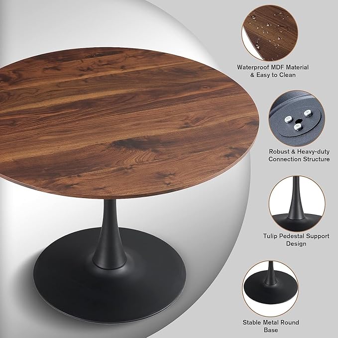 42 Inch Walnut Round Dining Table for 4-6 Person,Mid-Century Walnut Tulip Kitchen Table, Pedestal Metal Base Table for Kitchen Dining Room