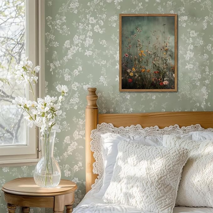 Vintage Wildflower Wall Art, Green Flower Wall Decor Painting, Hand Drawn Sandstone 3D Textured Farmhouse Botanical Nature Landscape Artwork for Living Room Bedroom 16x24 inch Wood Framed