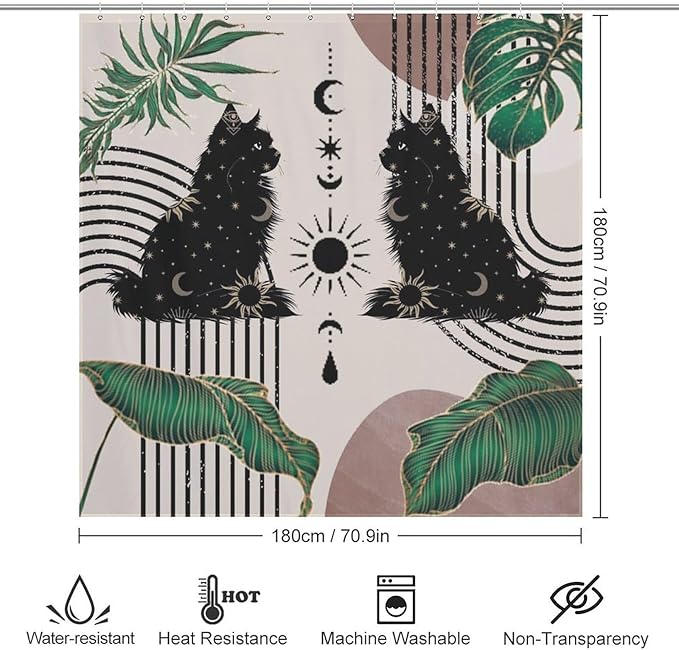 Boho Mid Century Cat Shower Curtain Retro Moon Star Leaves Black Cat Geometric 70s Vintage Waterproof Shower Curtains for Bathroom Decor 12 Pack Hooks 72x72in (183x183cm)