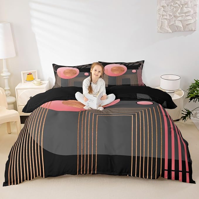 Erosebridal Pink and Black Abstract Boho Duvet Cover King Size Mid Century Modern Comforter Cover Minimalist Aesthetic Neutral Bedding Set Botanical Leaves Simple Bed Set