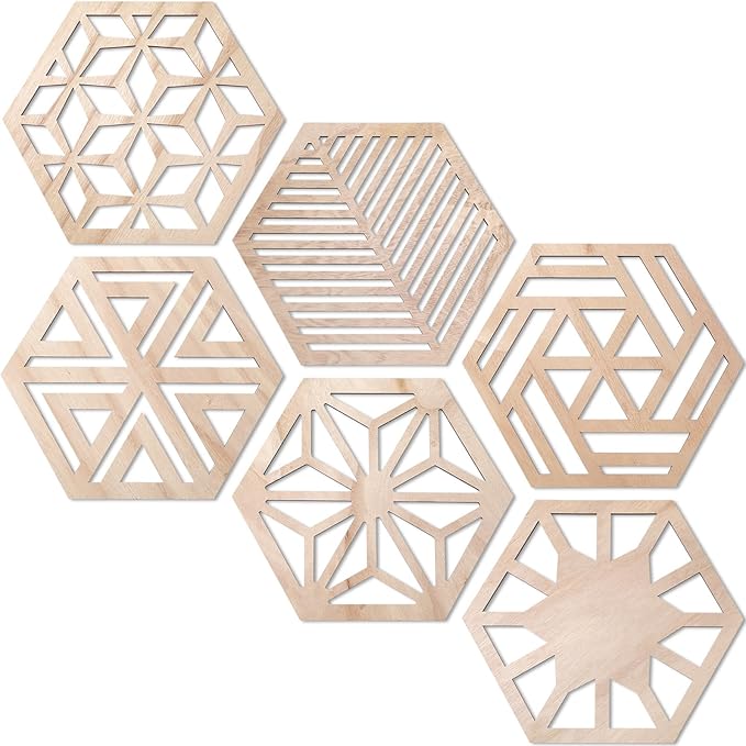 Ripeng 6 Pcs Honey Comb Decorations 11.8 Inch Hexagon Wall Decor Farmhouse Wood Earthy Hexagon Wall Panels Modern Hollow Carved Design Rustic Abstract Decor for Living Room Kitchen(6 Style)
