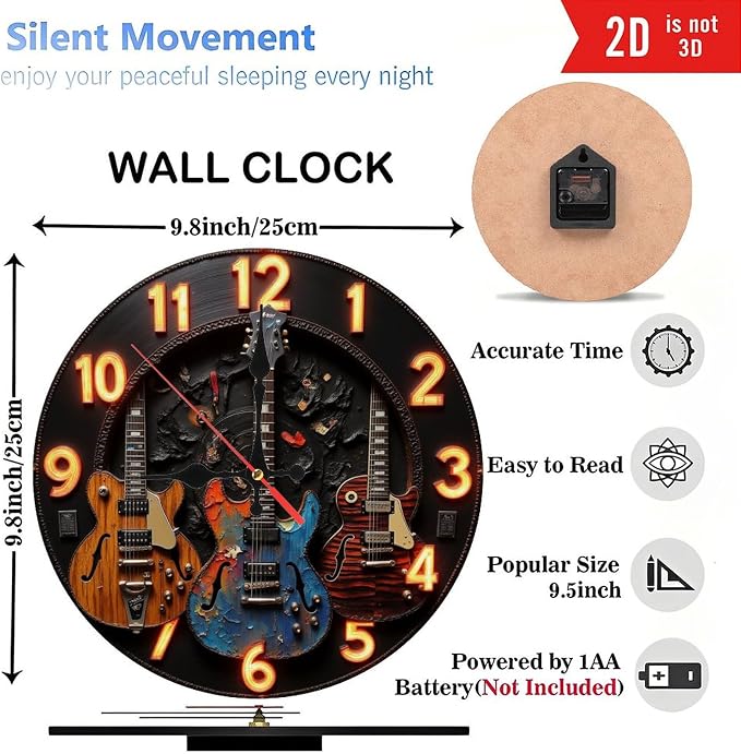 Vintage Guitar Wall Clock Neon Clock Electric Guitar Decor 10-Inch Wooden Wall Clock, Silent Movement, Battery Operated (AA Batteries Not Included), Artistic Home Decor, Perfect for Home Accents