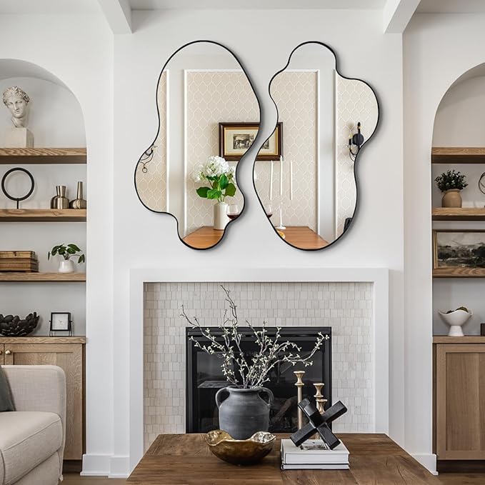 Irregular Mirror, 30"x18" Asymmetrical Mirrors, Black Metal Frame Wall Mirrors Decorative, Modern Odd Shaped Mirror for Living Room Bathroom Bedroom Hallway Entryway Fireplace
