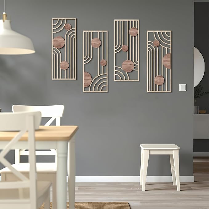 COLOR VALLEYART Set of 3 Modern Wood Wall Art Panels, Boho Geometric Design, 11.4 x 7 inches, Indoor Decor for Living Room, Office (6.2L''x15.7W''*4Pcs)