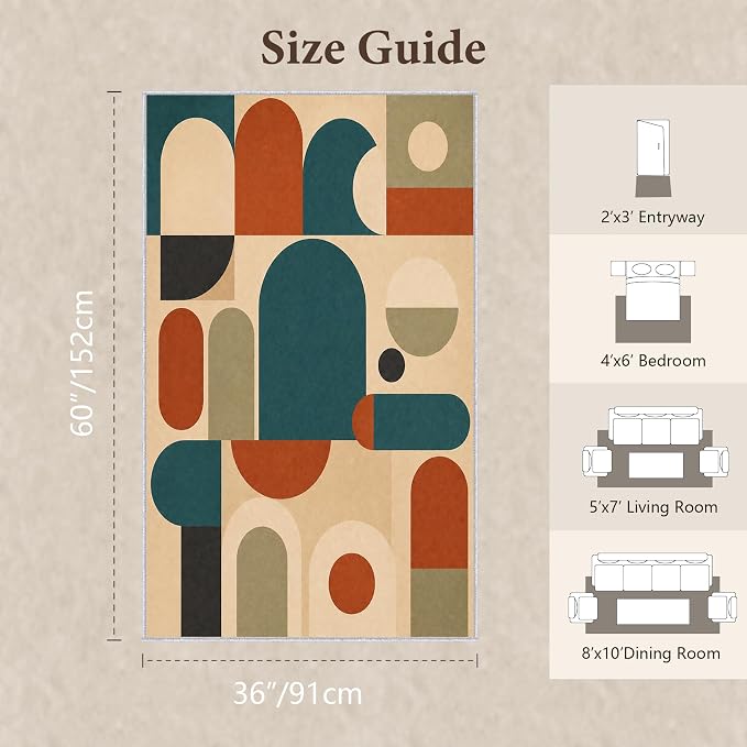 Teal Rust Area Rug 3x5, Mid Century Modern Mosaic Geometric Rug, Retro Abstract Color Block Washable Low Pile Non Slip Rug for Living Room Bedroom