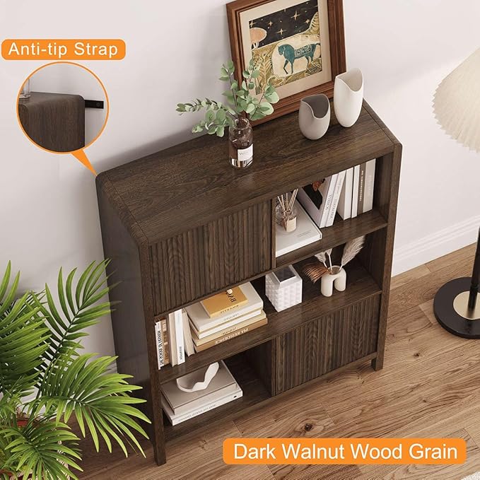 FATORRI Cube Bookshelf with 2 Doors, 4 Tier Wooden Bookcase, 5 Cube Storage Organizer for Home Office (Dark Walnut)